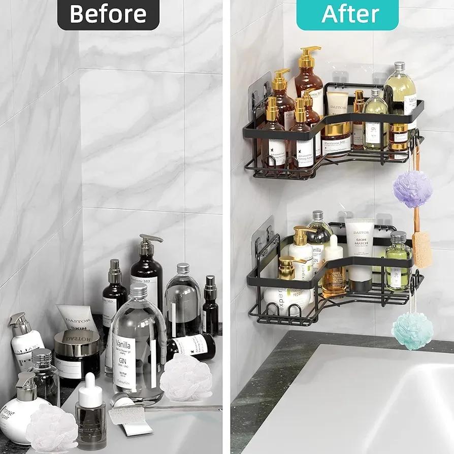 No-Drill Corner Shower Shelf – Adhesive Wall-Mounted Bathroom Organizer