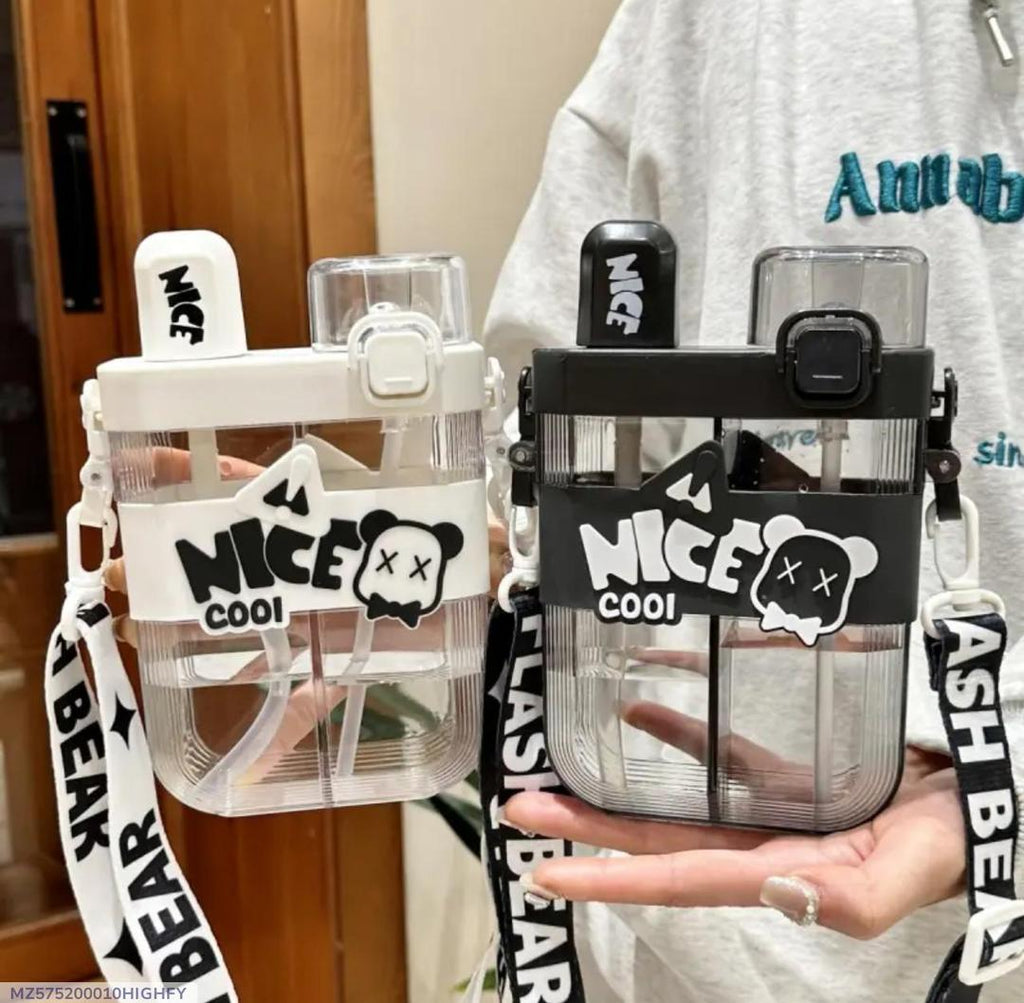 Nice Cool Bear Aesthetic Water Bottle with Straw & Crossbody Strap