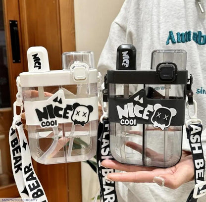 Nice Cool Bear Aesthetic Water Bottle with Straw & Crossbody Strap