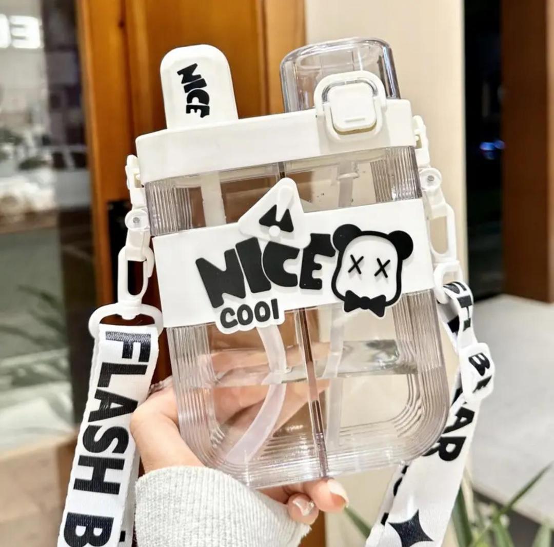 Nice Cool Bear Aesthetic Water Bottle with Straw & Crossbody Strap