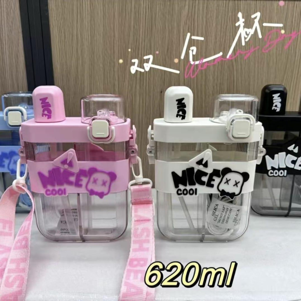 Nice Cool Bear Aesthetic Water Bottle with Straw & Crossbody Strap