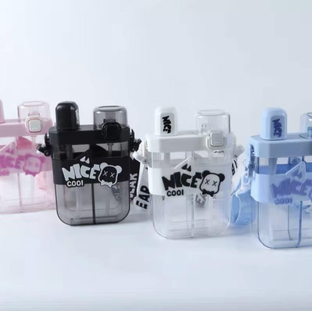 Nice Cool Bear Aesthetic Water Bottle with Straw & Crossbody Strap